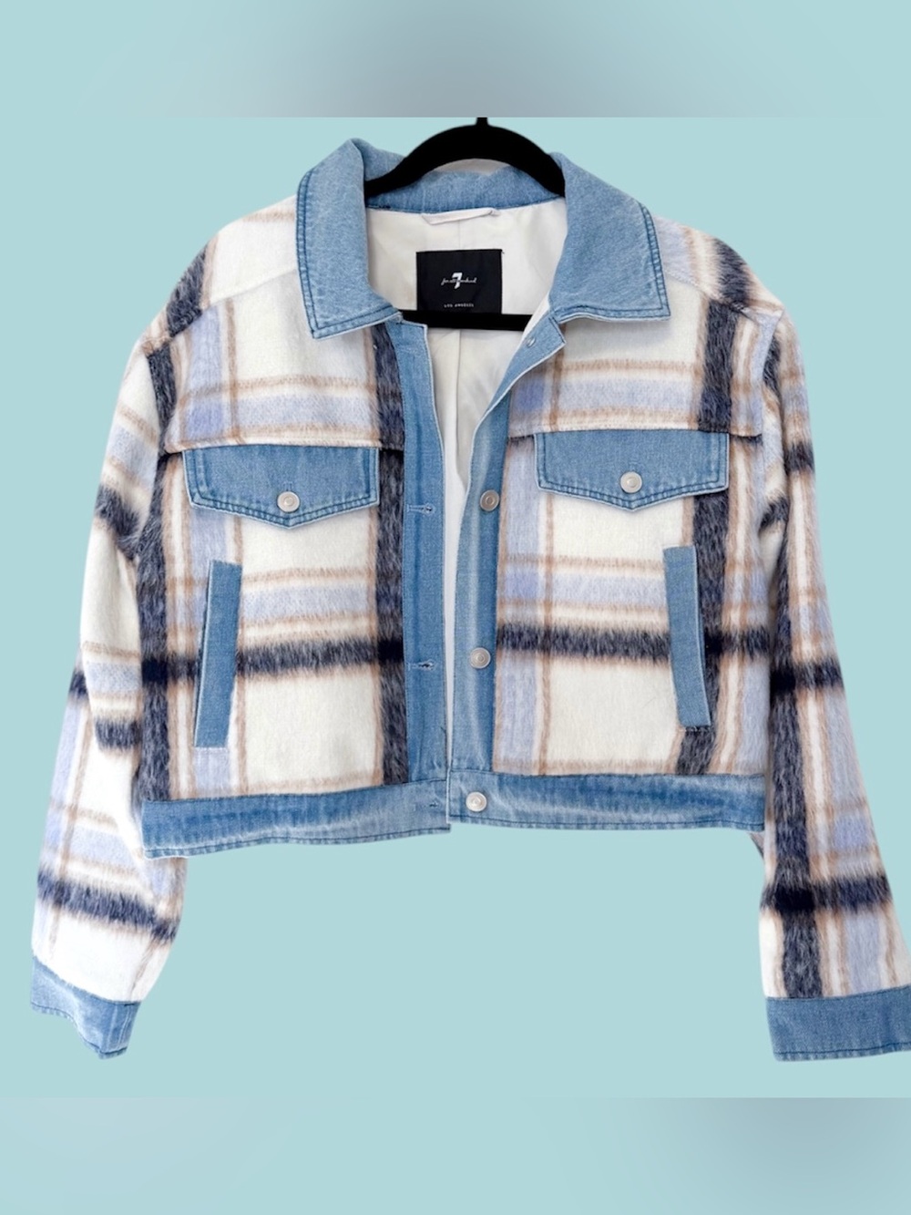 Nwot 7 for all mankind faux fur plaid denim jacket